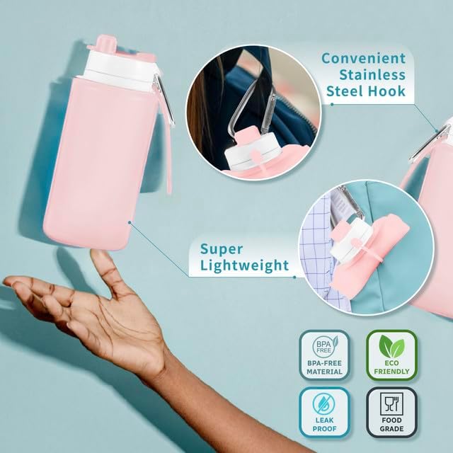 Botella de agua plegable con boquilla y mosquetón, silicona sin BPA y a prueba de fugas, perfecta para viajes, fitness, gimnasio, deportes,