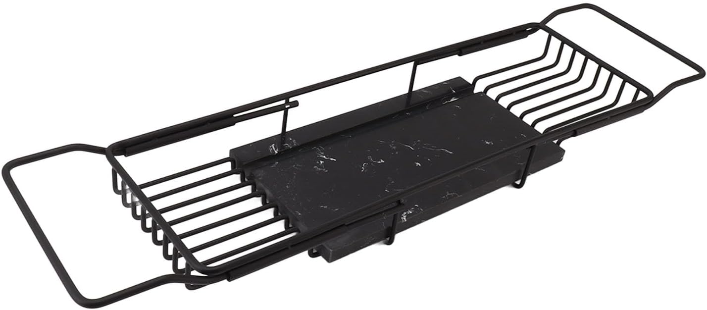 Estante de bañera de mármol con bandeja de bañera expandible antideslizante, ahorradora, multifuncional para regalo de calentamiento (negro)