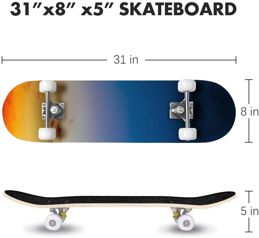 Patinetas cóncavas de doble patada de arce naranja amarillo azul Sunrise Sky Sunset para principiantes, 31 x 8 pulgadas, tablas cóncavas completas