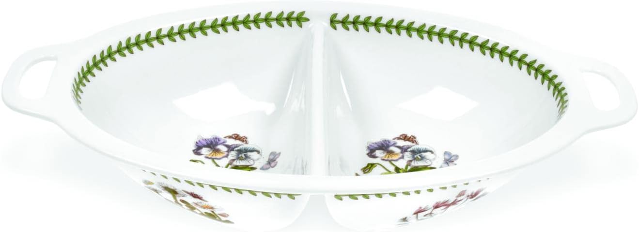 Portmeirion Botanic Garden – Plato dividido con asas de 15.5 x 9.5 pulgadas, diseño de pensamiento, porcelana fina, esmalte resistente a astillas,