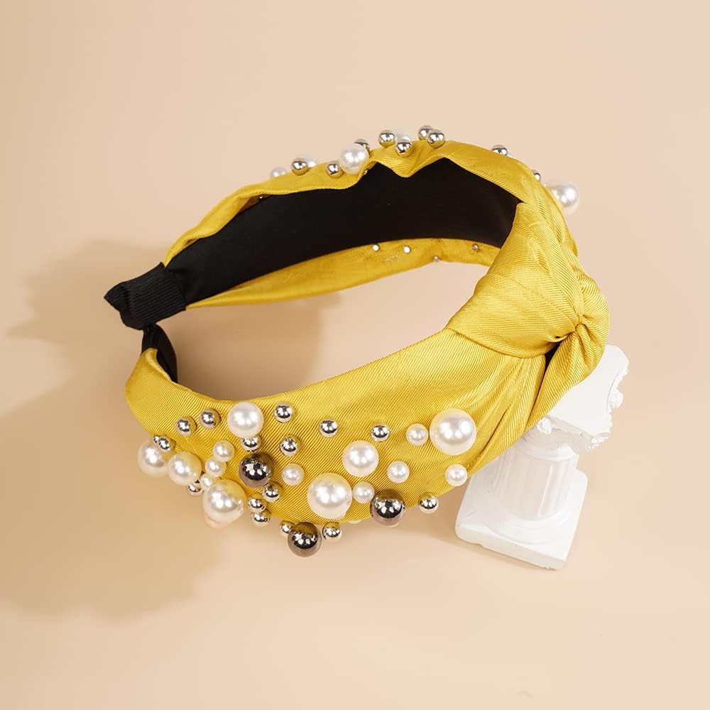 Diademas anudadas de perlas para mujer, diadema ancha de perlas anchas para la cabeza, accesorios para el cabello bohemios (amarillo)
