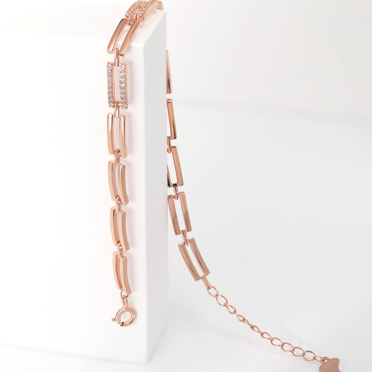 Meissa 925 Sterling Silver Rectangle Diamond Bracelet for Women Rose Gold Stackable Friendship Bracelet Gift Summer Handmade Jewelry, Length