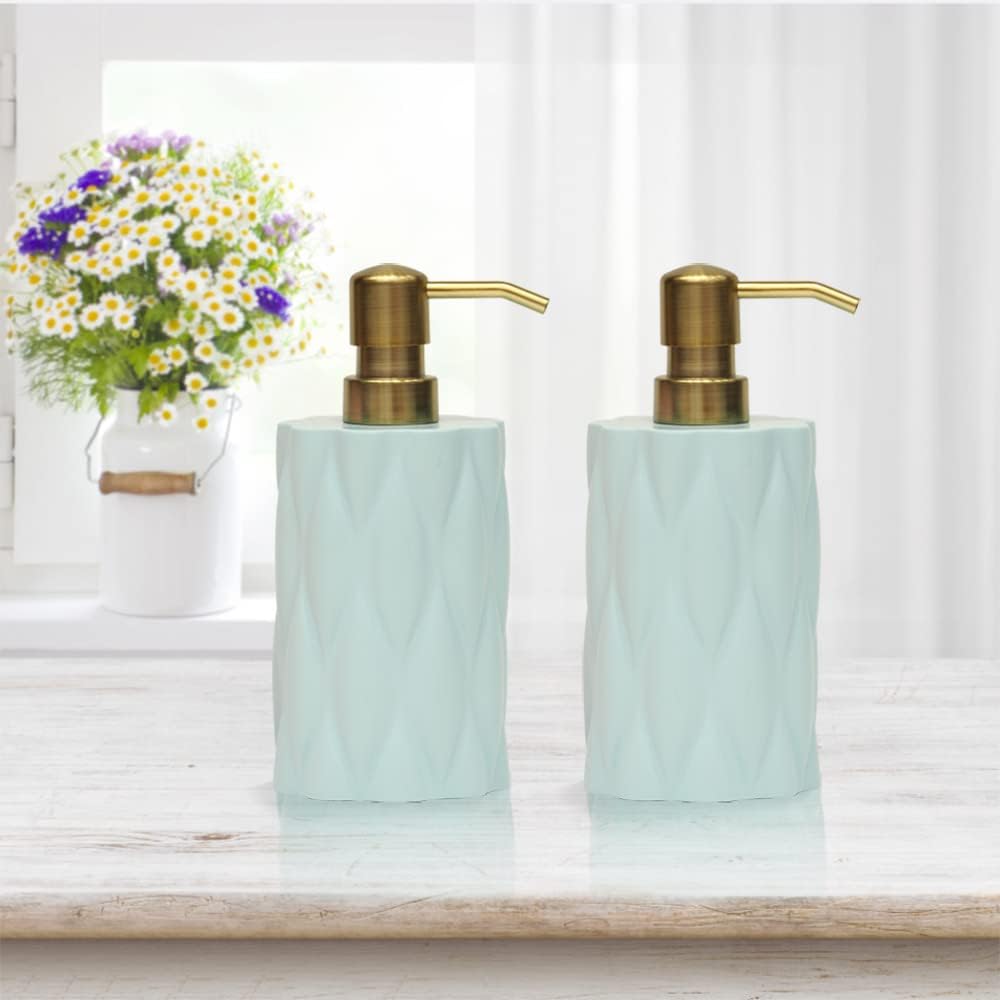 Juego de 2 dispensadores de jabón verde salvia para encimera de baño y fregadero de cocina, dispensador de jabón de manos decorativo con bomba