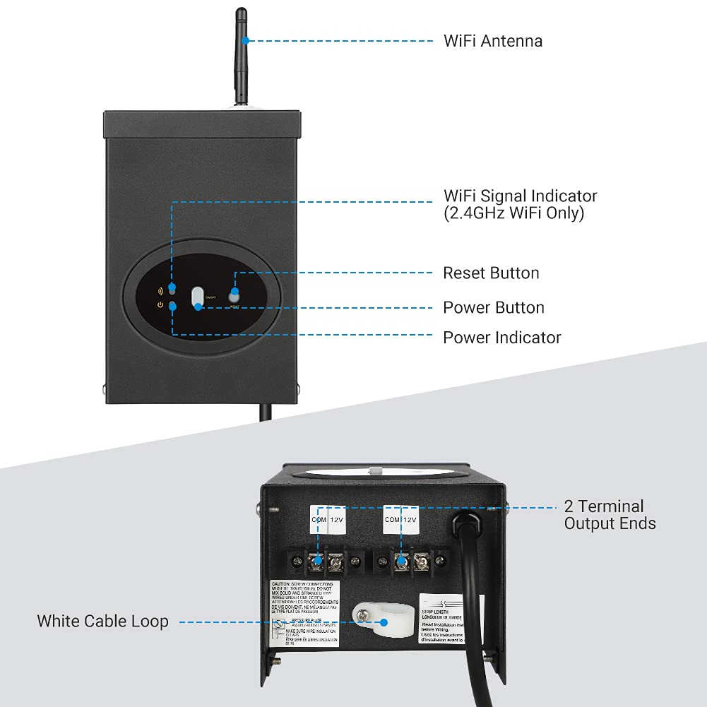DEWENWILS Transformador inteligente de bajo voltaje Wi-Fi de 120 W, horario y temporizador, compatible con Alexa y Google Home, 120 V CA a 12 V CA,