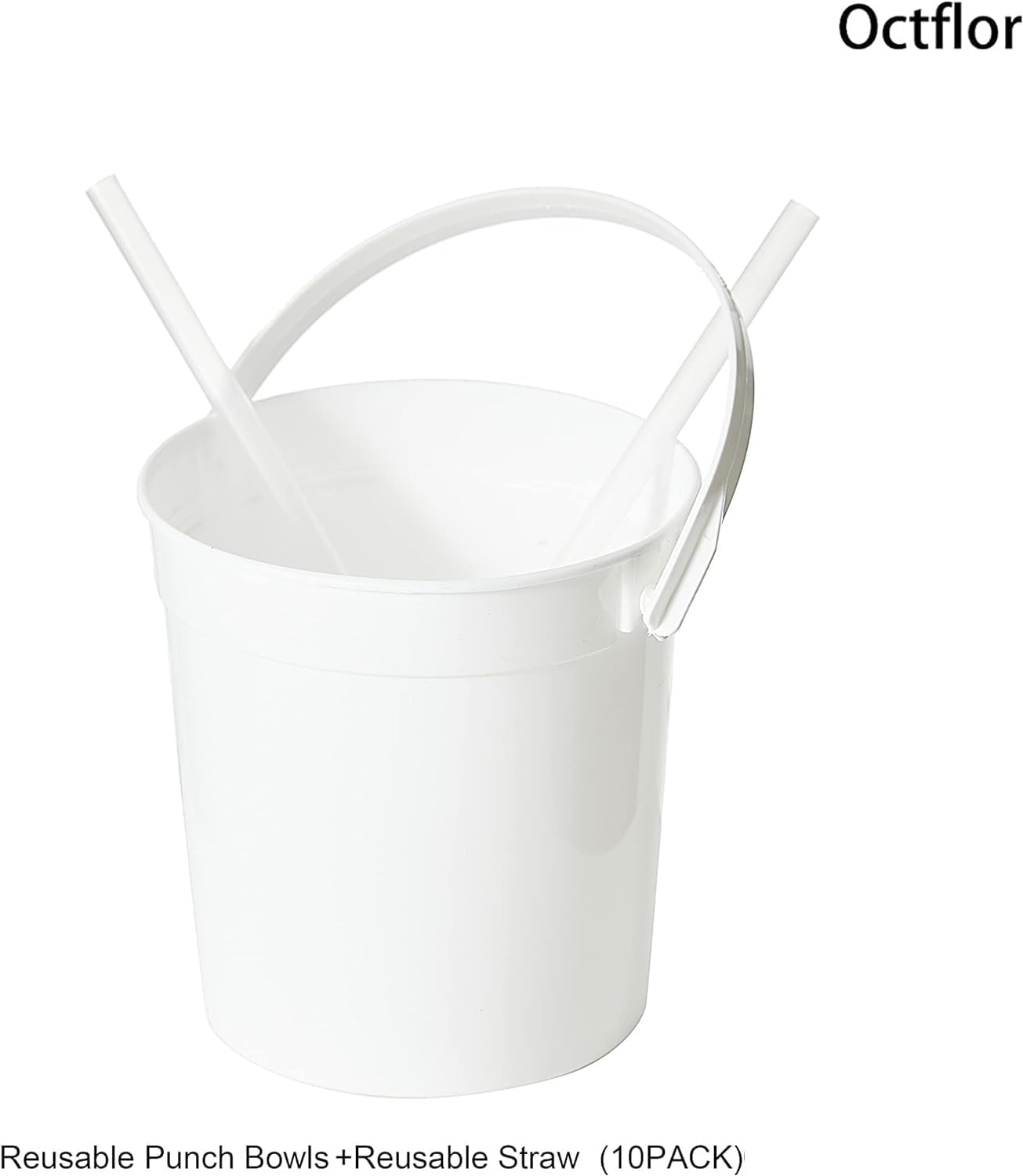 Cubos de plástico para ron para bebidas (paquete de 10 unidades), cubos de bebida para fiestas, cuencos reutilizables con popote (32 onzas) (blanco)