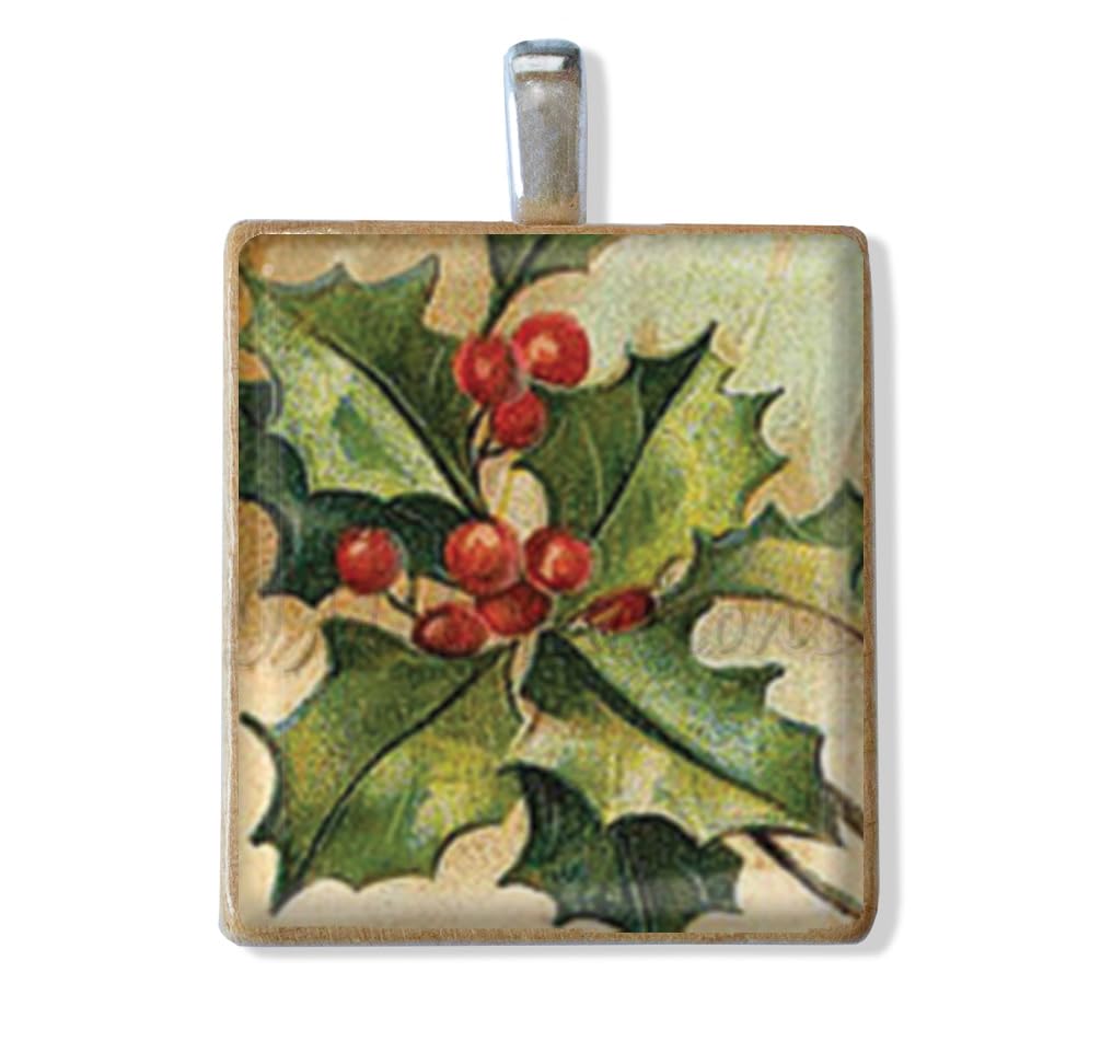Christmas Nature Foods Designs Game Piece Tile Pendants – BUY 2 or MORE, GET 1 FREE NECKLACE (Vintage Holly Berry)