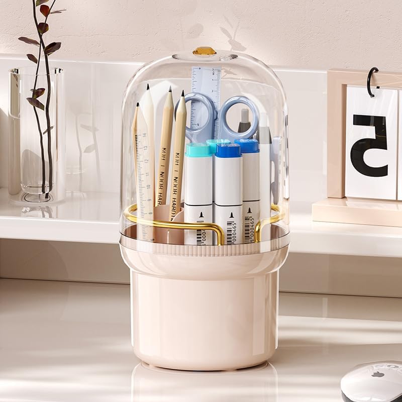 Soporte para brochas de maquillaje, organizador de brochas de maquillaje giratorio de 360 con tapa, almacenamiento de brochas cosméticos a prueba de