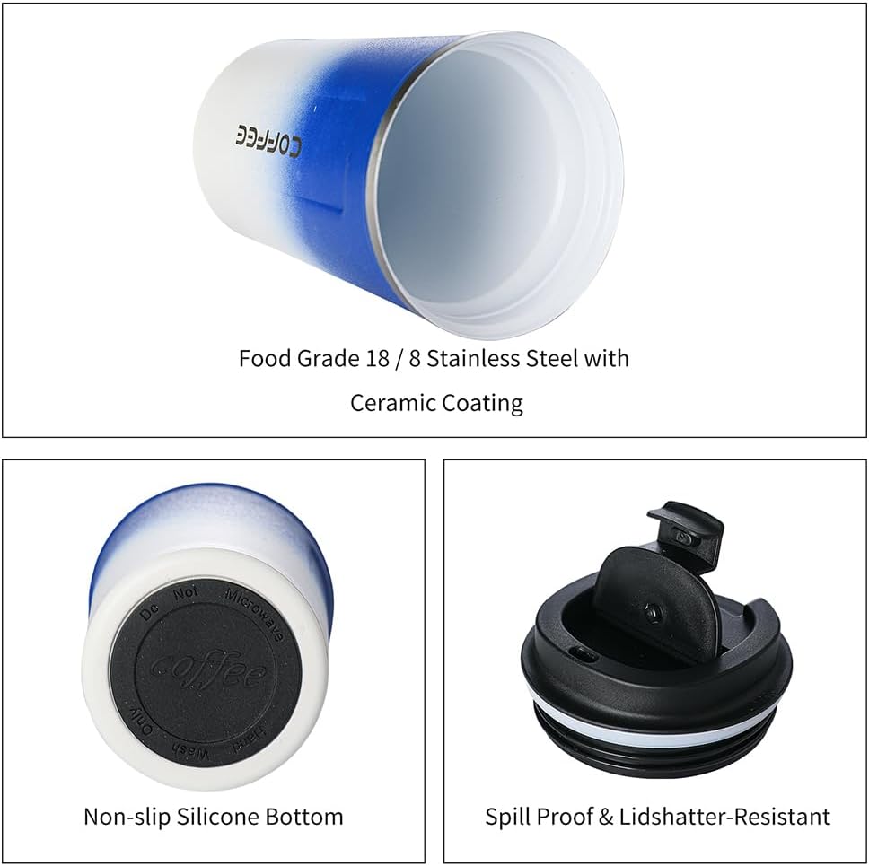 Taza de viaje de café con revestimiento de cerámica, 14 onzas, vaso aislado al vacío para automóvil con tapa a prueba de fugas, color azul degradado