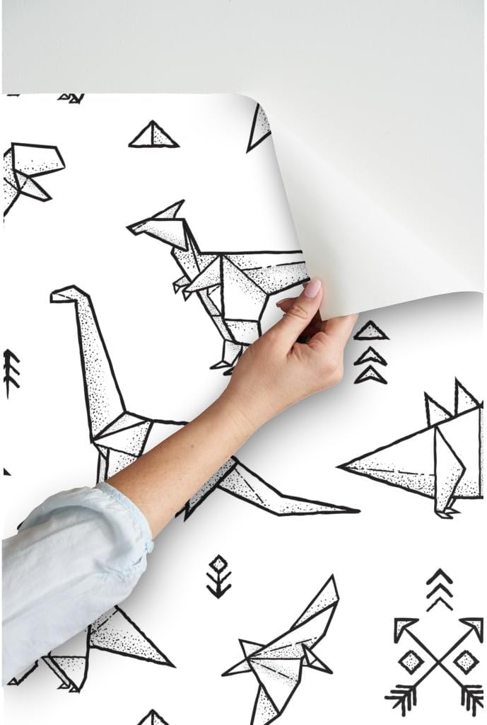 Spoonflower Papel tapiz autoadhesivo de 12 x 2 pies  Dinosaurios Origami Negro Blanco Geométrico Monocromo Papel pintado extraíble personalizado