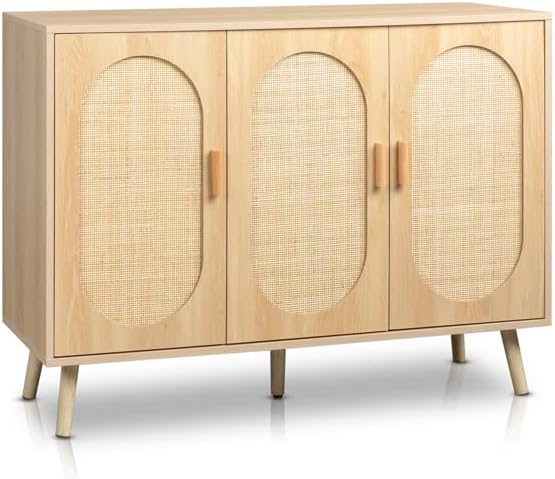 Aparador de 44.5 x 15.7 x 32.9 in con puertas de ratán natural, armario de almacenamiento de ratán con estantes ajustables, aparadores y buffets con