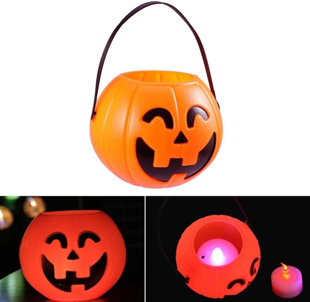 Abaodam Cubo de calabaza de Halloween portátil para dulce o truco, cubo de almacenamiento de caramelos Jack O Lantern, cubo de plástico para dulces