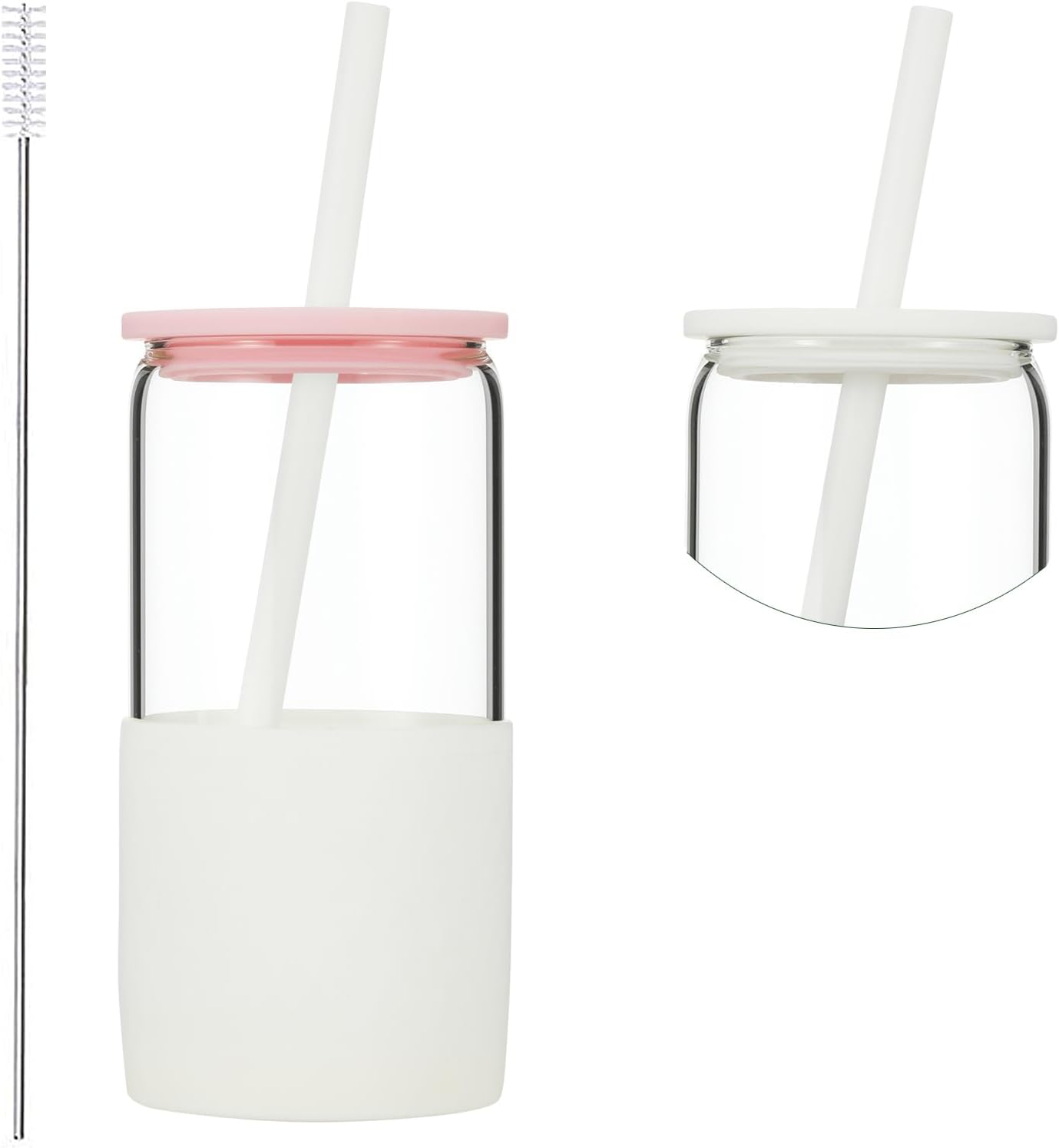 Spacenight Vasos de vidrio con tapas y popotes, vaso con tapa y pajita, taza de café helado de 16 onzas, tapas de silicona proporcionan una fuerte