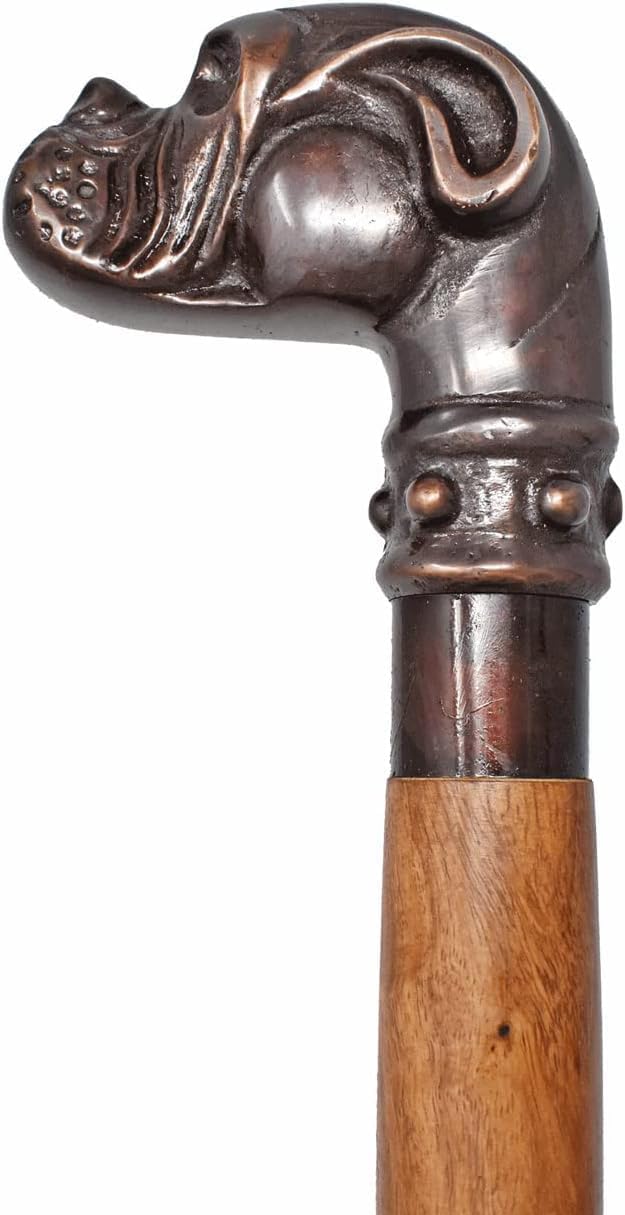 The Marine International Mango de cabeza de perro de latón con aspecto real vintage con bastón de madera de 3 pliegues