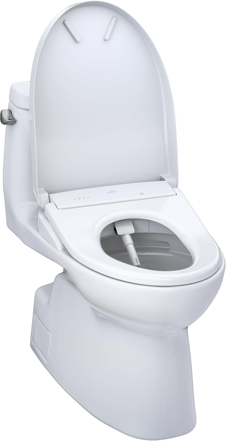 TOTO WASHLET+ Carlyle II – Inodoro alargado de una pieza de 1.28 GPF con asiento de bidé contemporáneo WASHLET+ S7A, algodón blanco –