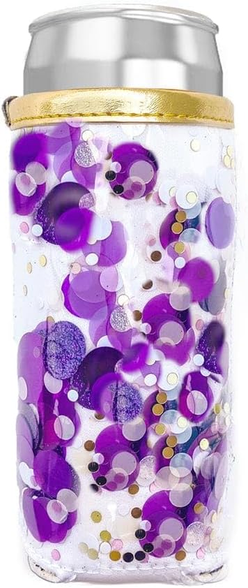 Packed Party Spirit Squad – Enfriador de latas delgadas de confeti, soporte de metal aislado para portón trasero, piscina o playa (Purple Crush)