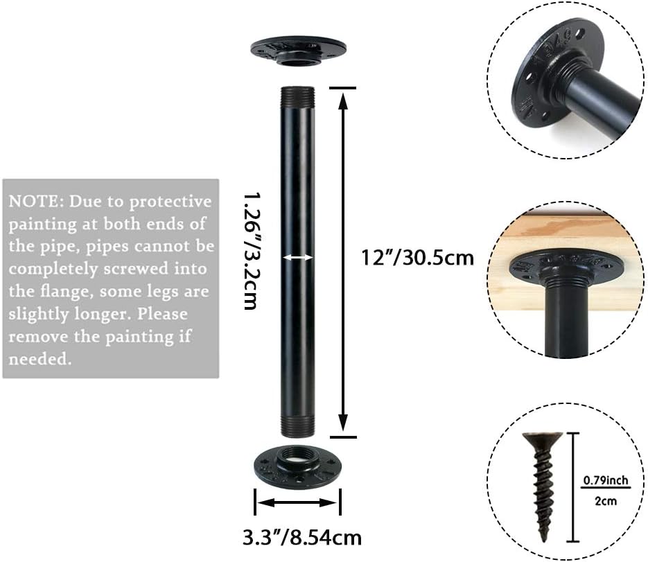 GeilSpace Patas de mesa de tubo industrial de 12 pulgadas, tubos de metal y bridas para mesas y muebles vintage personalizados, patas de escritorio