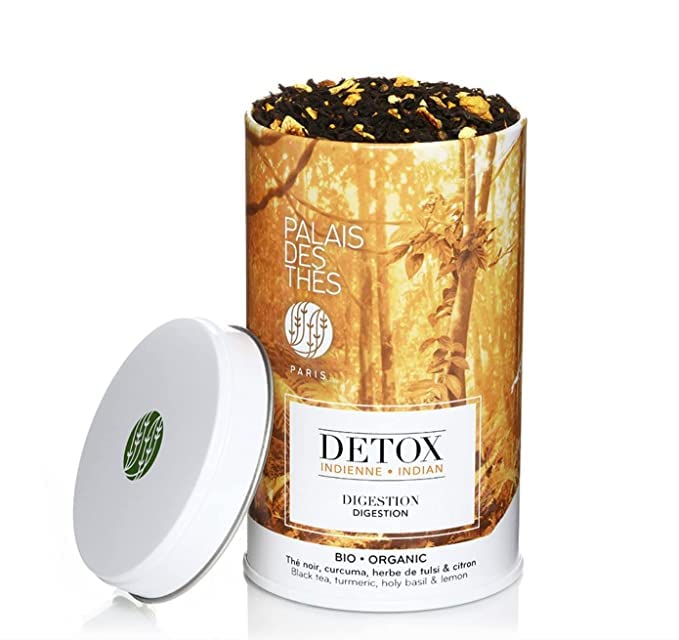 Palais des Thés – Té negro orgánico de desintoxicación india para digestión con cúrcuma, albahaca sagrada y limón – Lata de regalo de metal de hoja