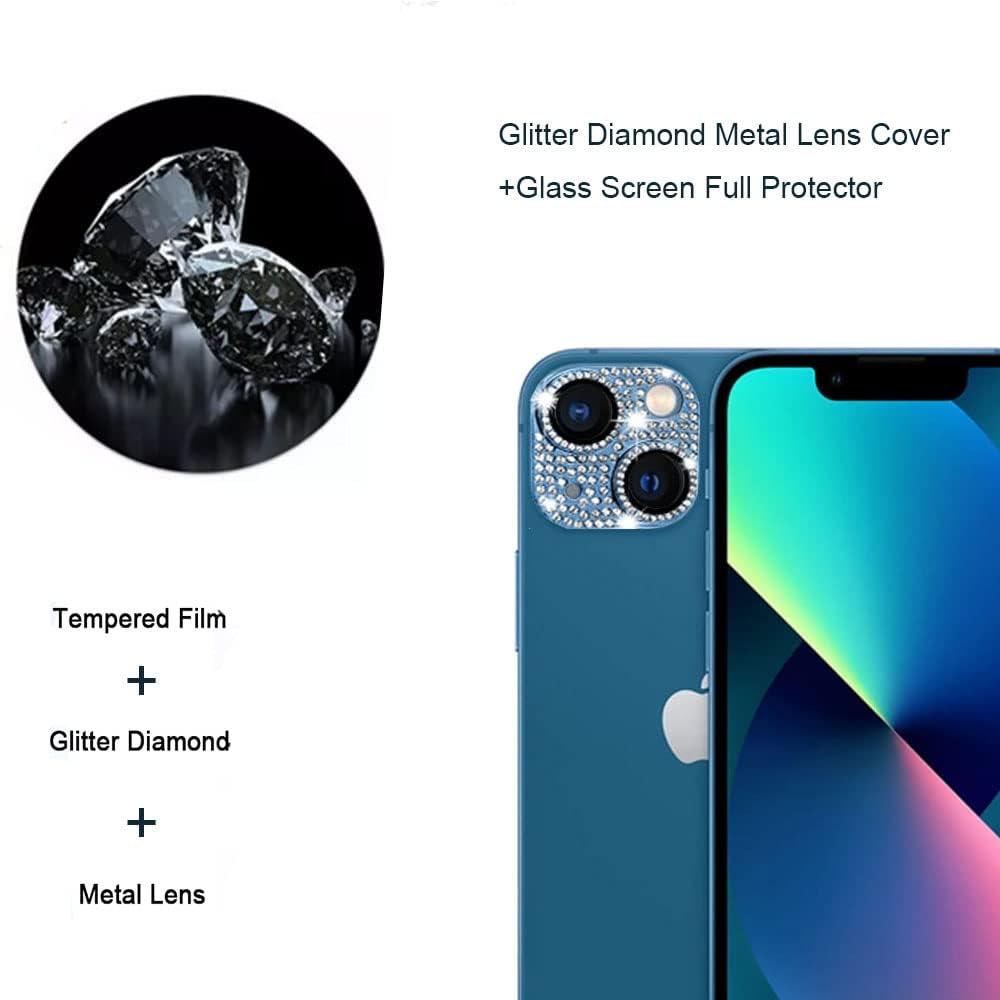 Paquete de 2 2 en 1 Protector de lente de cámara de cristal brillante cubierta de lente de metal con purpurina + protector completo de pantalla de