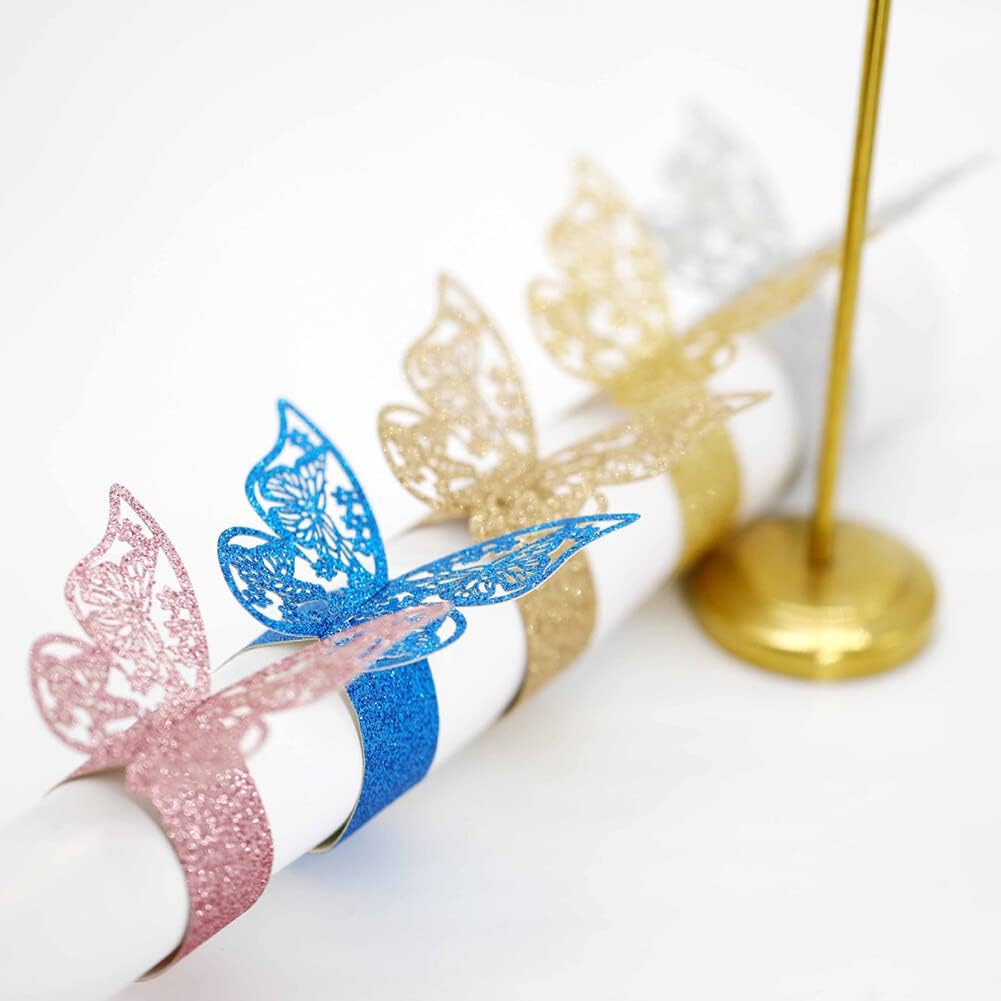 Juego de 50 servilleteros de papel de mariposa 3D, servilleteros de papel de aluminio huecos, hebillas de servileta, decoraciones de mesa para