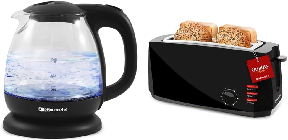 Elite Gourmet EKT1001B – Tetera eléctrica de vidrio sin BPA de 1 litro, inalámbrica de 360, LED azul interior + tostadora de 4 rebanadas ECT4829B#