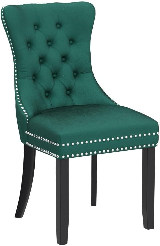 KCC Nikki Collection – Juego de 2 sillas de comedor de terciopelo tapizadas de alta gama con anillo trasero de clavo, patas de madera maciza, estilo
