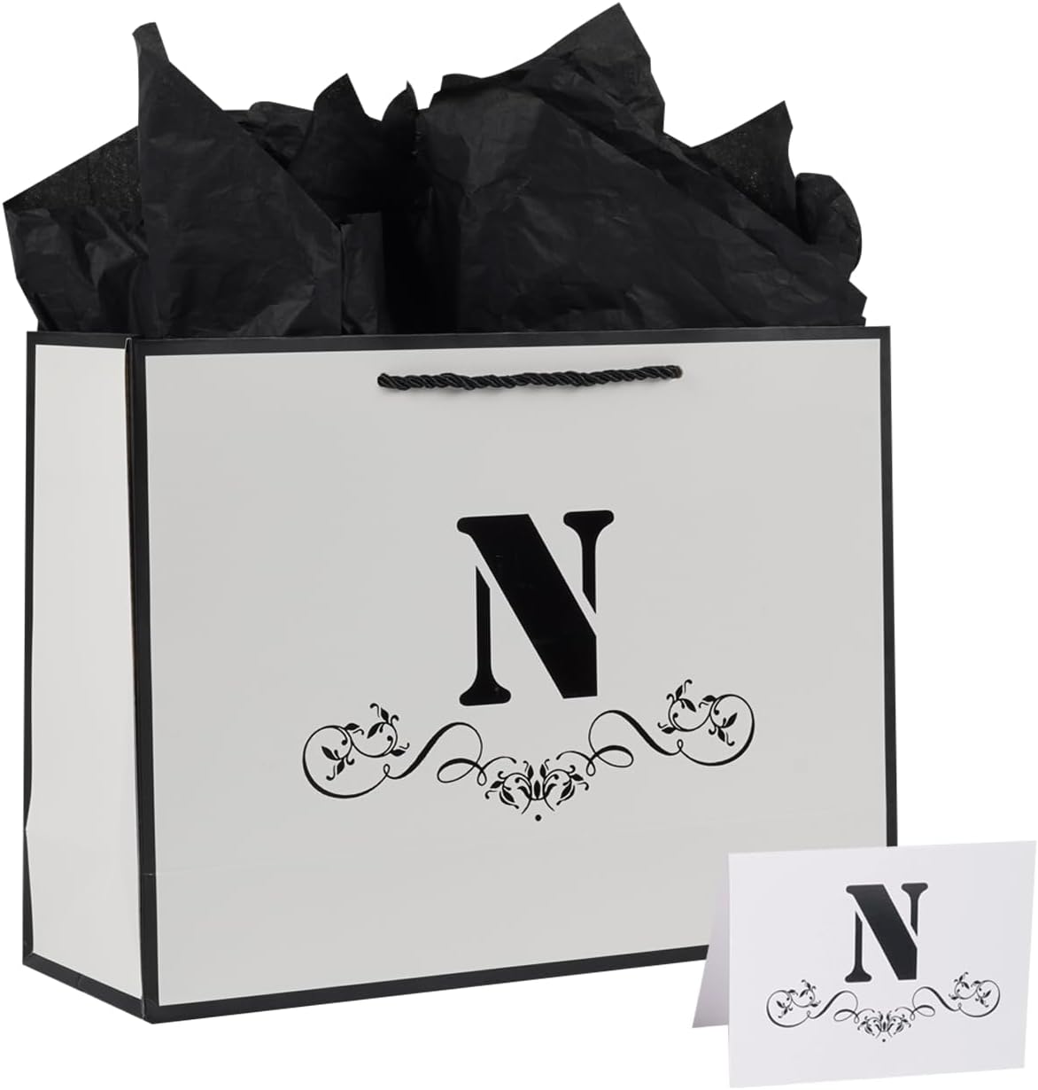 Bolsa de regalo con letras con papel de envoltura para hombres, mujeres, niños y niñas, bolsa de papel grande de 12 pulgadas de color blanco y negro