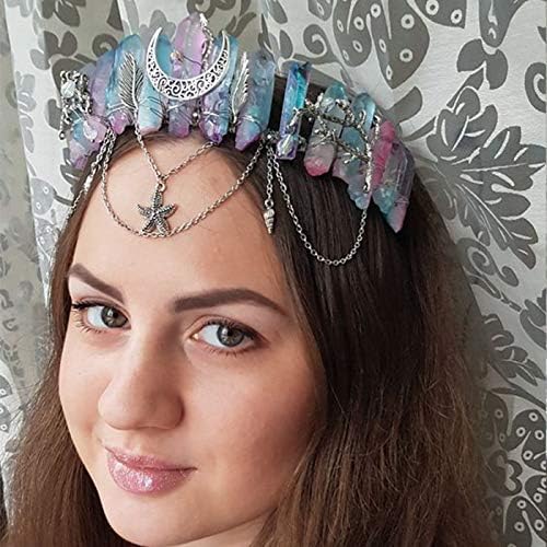 Diadema de corona de cuarzo de cristal crudo, tiara de diamantes de imitación, accesorios para el cabello de sirena, para mujeres, fiestas, bodas