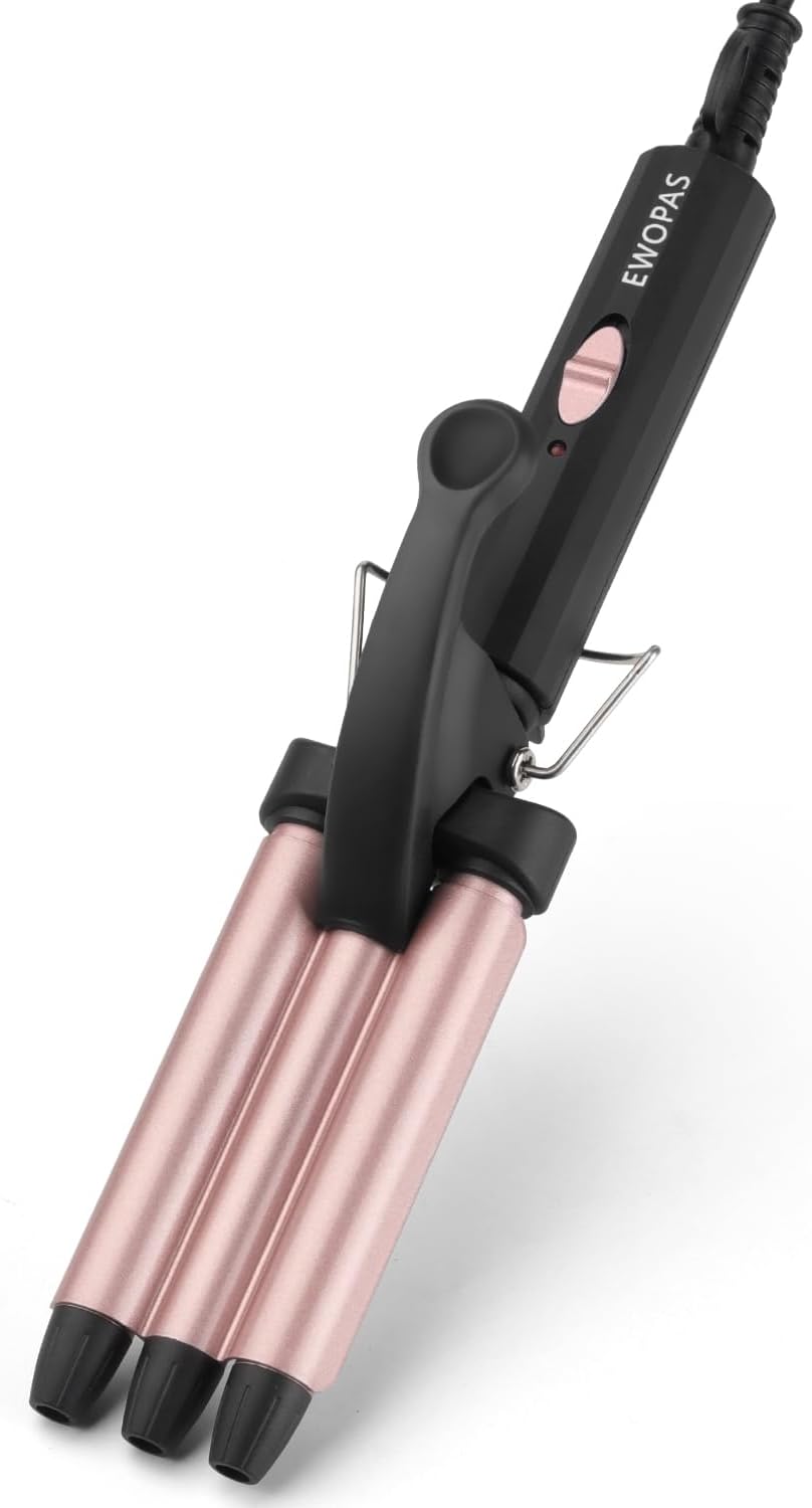 Ewopas Small Hair Crimper 3 Barrel Curling Iron Wand,12 Inch Beach Waves Curling Iron,Fast Heating, Light Weight, and is Easy to use,Mini Dual