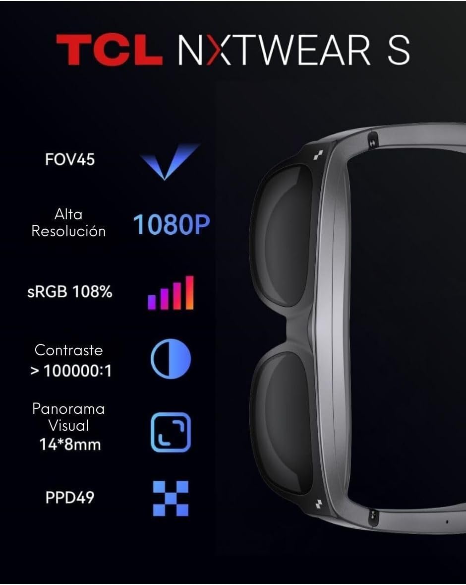 TCL NXTWEAR S con micro OLED de 201 pulgadas, gafas RayNeo XR  Gafas de visualización de video 1080P, sonido estéreo dinámico, película 3D, trabajo