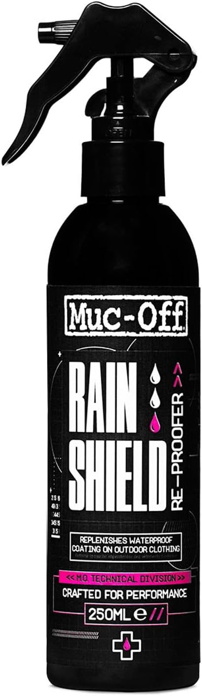Muc Off Rain Shield Re-Proofer, 8.5 fl oz – Spray impermeabilizante para ropa técnica y exterior – Spray de reimpermeabilización DWR para chaquetas