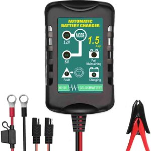 Cargador de batería de coche inteligente de 1.5 A, cargador automotriz portátil de 6 V y 12 V, mantenedor de batería, cargador de goteo flotante y Cargador de batería de coche inteligente de 1.5 A, cargador automotriz portátil de 6 V y 12 V, mantenedor de batería, cargador de goteo flotante y