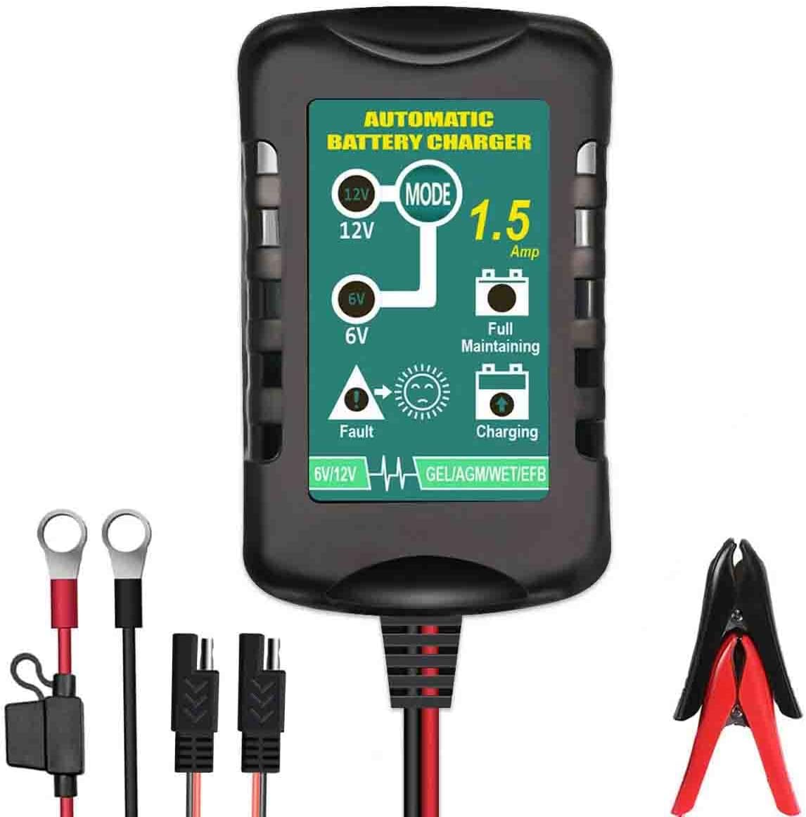 Cargador de batería de coche inteligente de 1.5 A, cargador automotriz portátil de 6 V y 12 V, mantenedor de batería, cargador de goteo flotante y