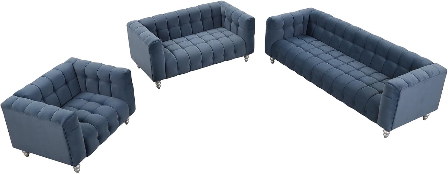 Juegos de sofás para sala de estar, moderno sofá de 3 piezas con patas de madera maciza, respaldo copetudo con botones, juego de sofá tapizado de
