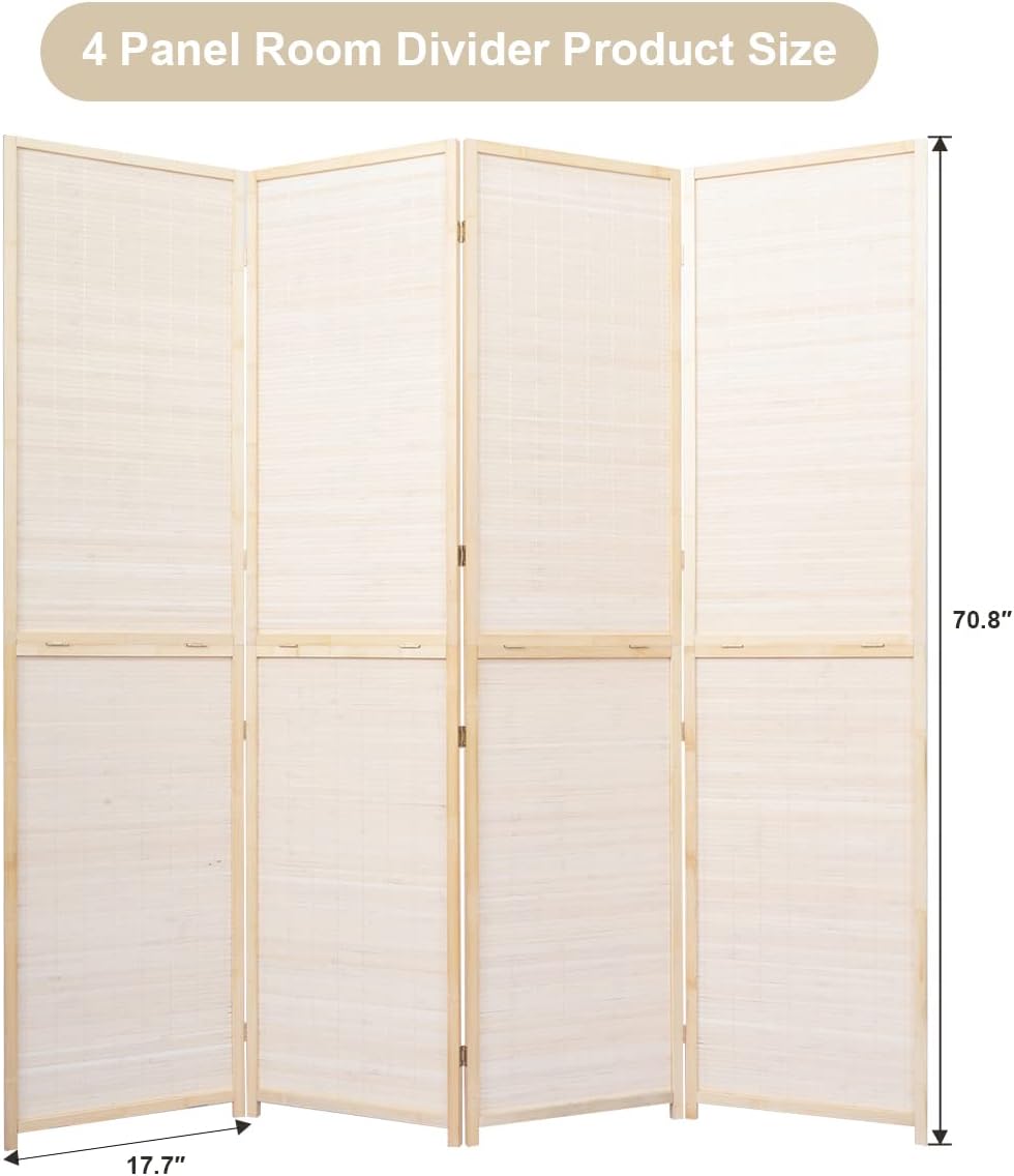 JVVMNJLK Divisor de habitación de bambú de 4 paneles, pantalla de privacidad plegable de 6 pies de alto, divisor de partición para separación de