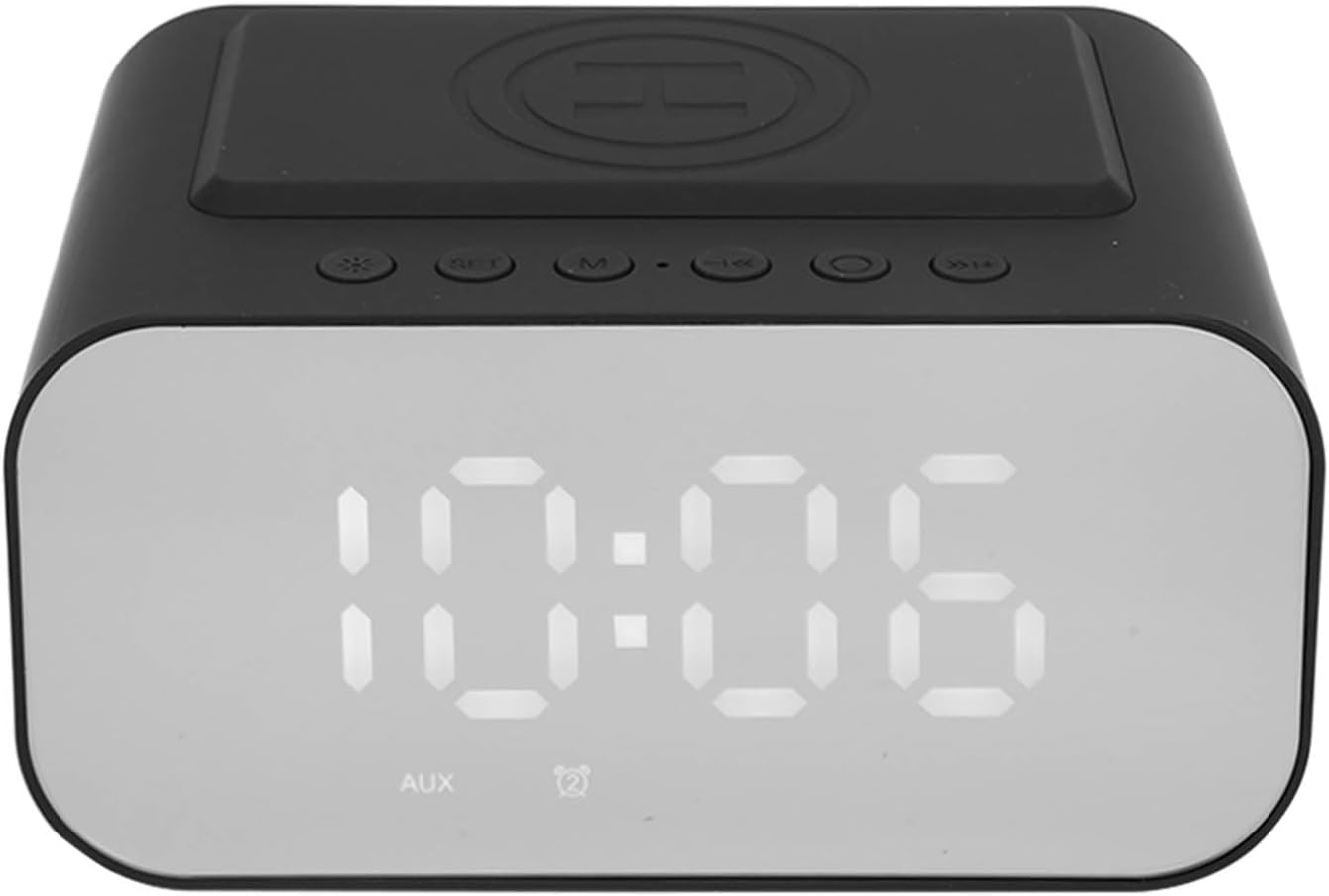 Altavoz Bluetooth con reloj despertador, cargador inalámbrico de 15 W de carga rápida, radio FM, temporizador de sueño, 3 niveles de brillo