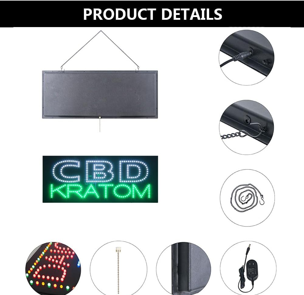 Letrero LED Kratom CBD para negocios, letrero abierto LED súper brillante para ahumadero, letrero de publicidad eléctrica para tienda de tabaco,