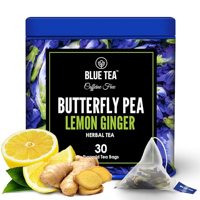 BLUE TEA – Té de hierbas Butterfly Pea Lemon Ginger – 30 bolsas de té  Sin cafeína  Regalos de té de Navidad  Vegano – Sin gluten – Sin OMG