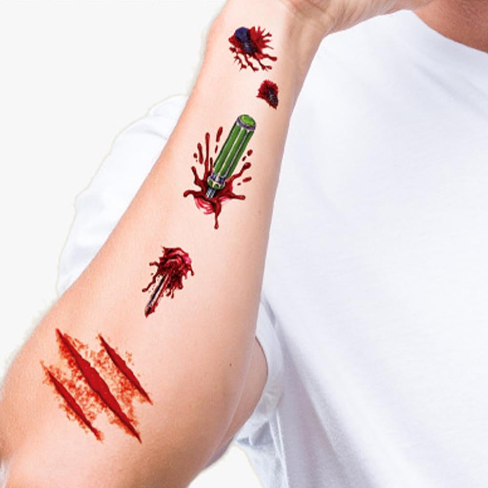 40 calcomanías de tatuaje de Halloween para heridas sangrientas, cicatriz, costra de cara, tatuajes falsos para niños, mujeres, hombres, zombies,
