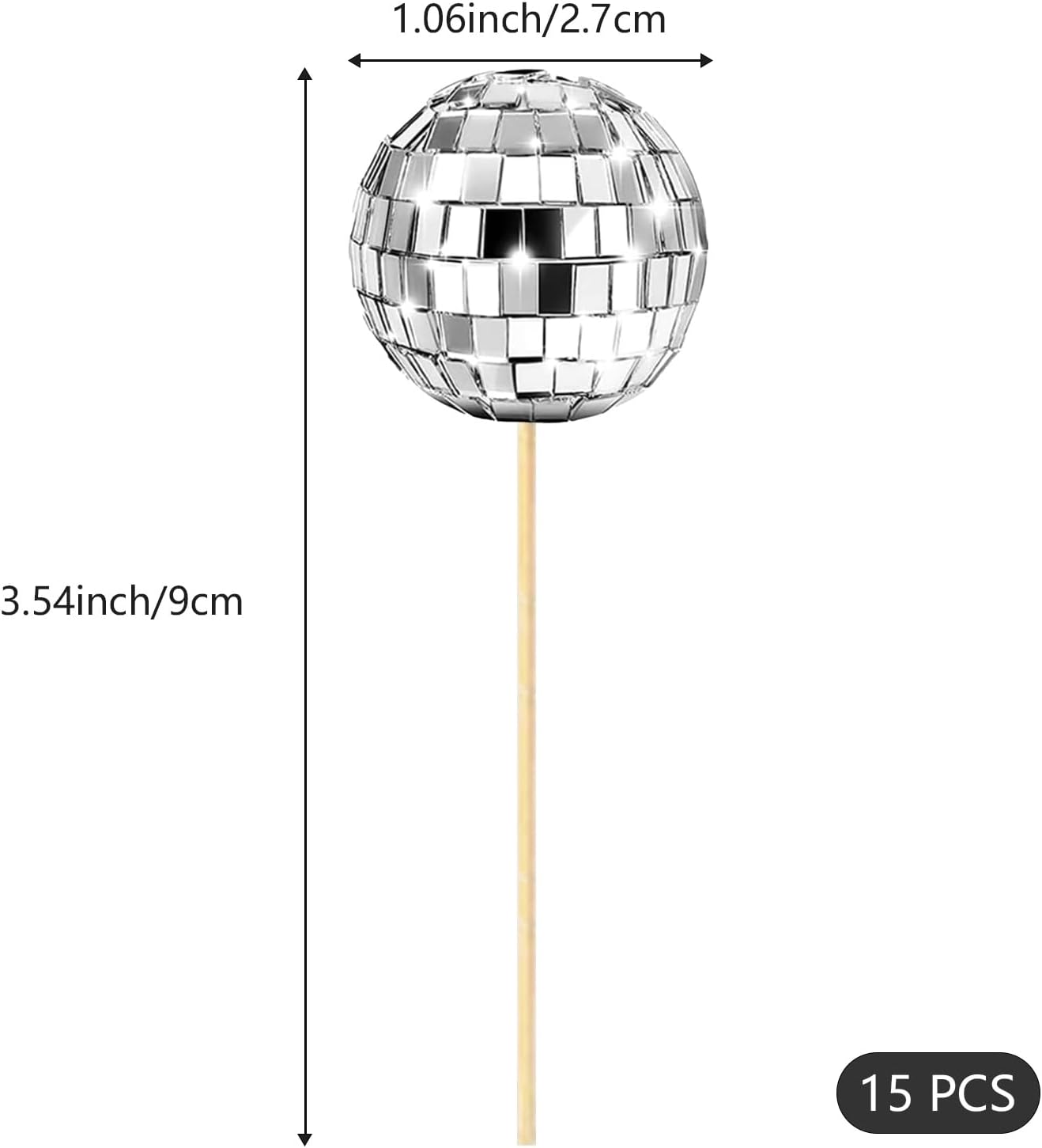 15 adornos de bola de discoteca para cupcakes, palillos brillantes para cumpleaños, decoración de pasteles de bola de discoteca, decoraciones