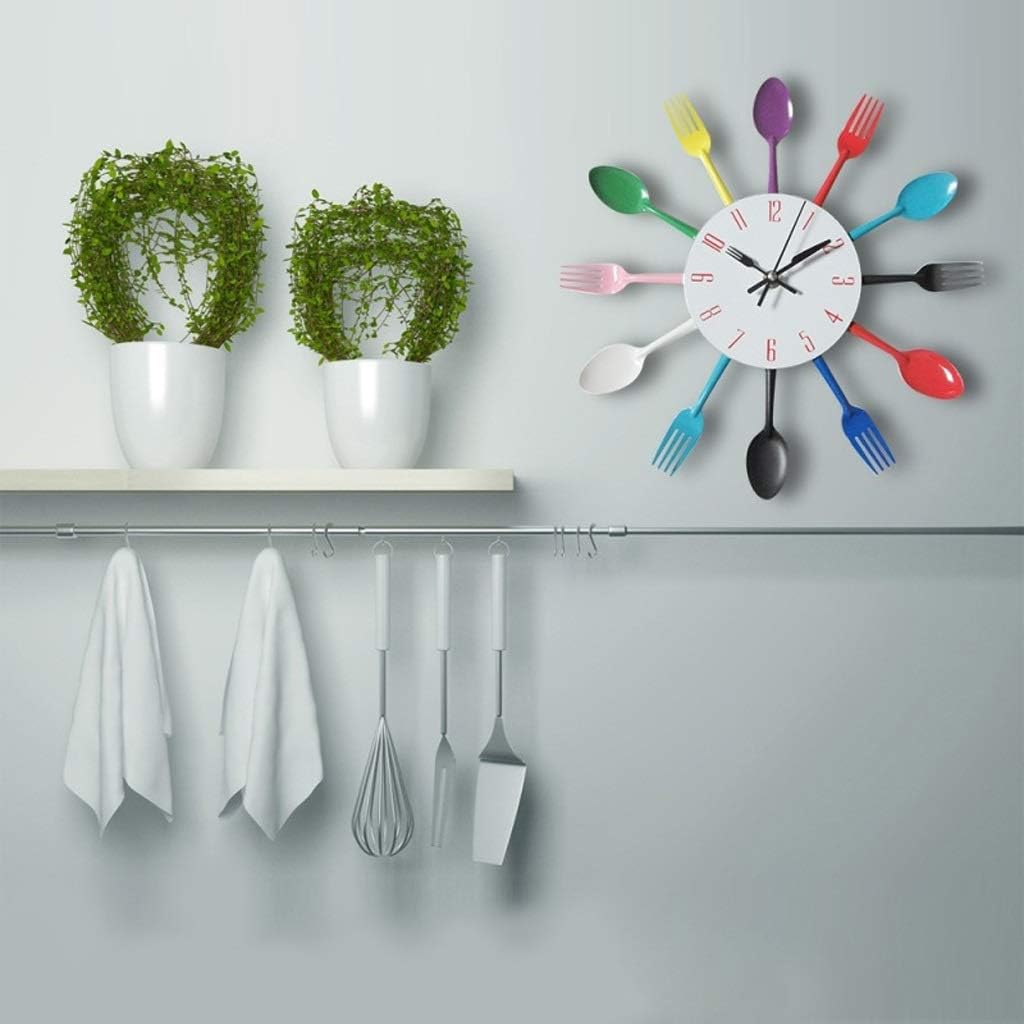 TIOCA Reloj de pared creativo de hierro artesanal, reloj de pared de cocina de metal con cuchara y tenedor de cuarzo, diseño moderno, relojes