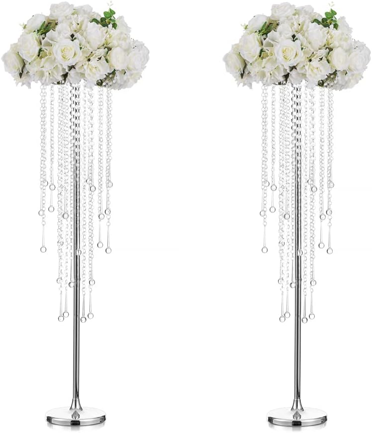 Jarrones altos para centros de mesa de boda, florero plateado de 39.4 pulgadas con cristal de araña, decoración de mesa de centro de mesa, soporte