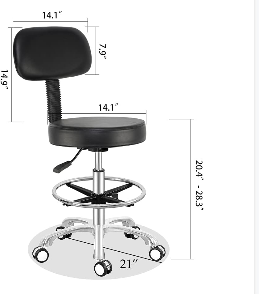 Antlu Taburete ajustable con ruedas y respaldo para oficina, tienda, cocina, salón médico, taburete giratorio con ruedas y respaldo (negro, con