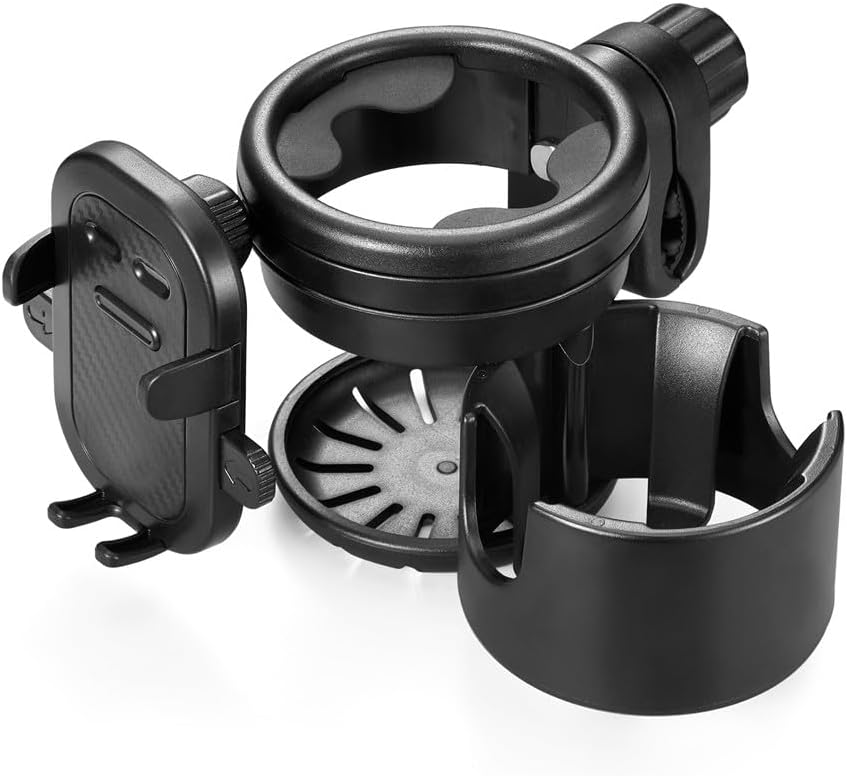 Portavasos para cochecito con soporte para teléfono, abrazadera giratoria de 360 grados para botella de agua, soporte universal 3 en 1 para