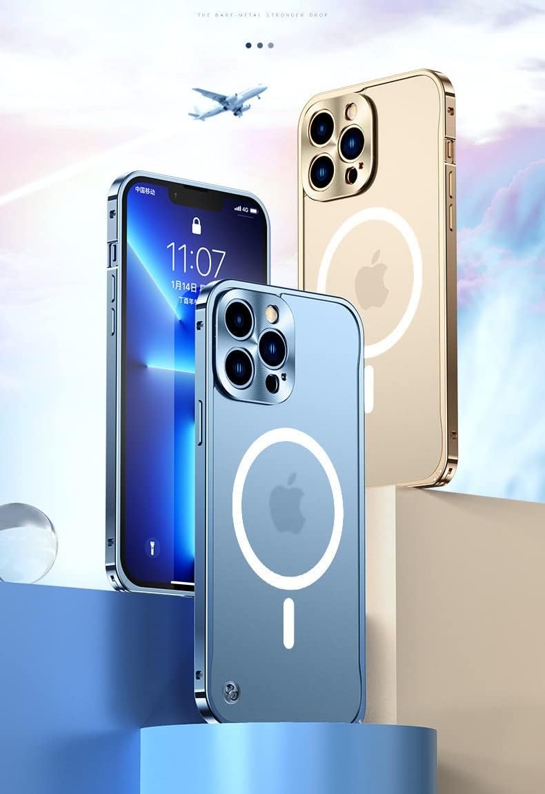 Funda magnética para iPhone 14 Pro compatible con MagSafe de aleación de aluminio de metal parachoques mate translúcido con protector de lente de