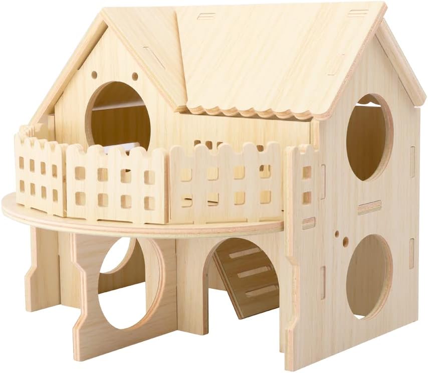 Hámster Forest Lookout Wood House Fun House – Cabaña de dos pisos para jóvenes enanos, jerbos, ratones, ratones, ratas, animales pequeños (solo para