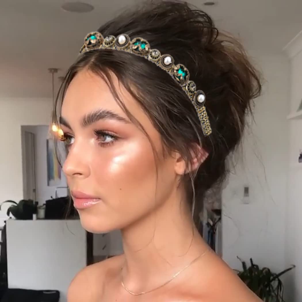 Diademas barrocas con diamantes de imitación dorados, bandas para el cabello de cristal con joyas para mujer (lujoso)