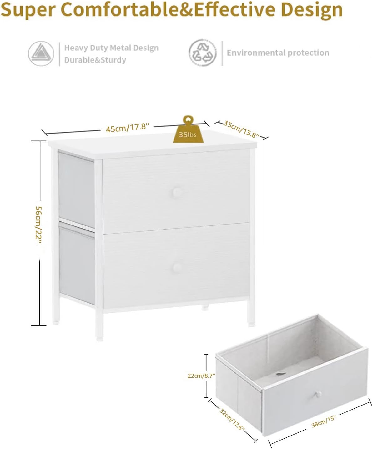 BOLUO Mesita de noche blanca con 2 cajones para dormitorio, mesita de noche pequeña con cajones de tela, mesita de noche moderna