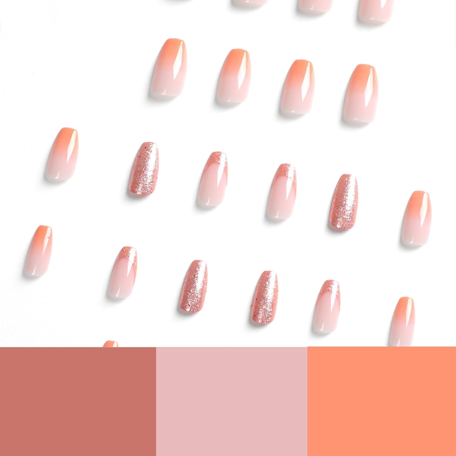 Uñas postizas de punta francesa a presión, uñas postizas medianas con pegamento color naranja degradado, uñas acrílicas de cobertura completa con