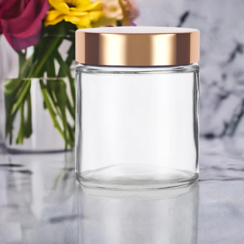 Tarro recto de vidrio transparente de 4 oz  4.1 fl oz con tapa de metal dorado (paquete de 6)