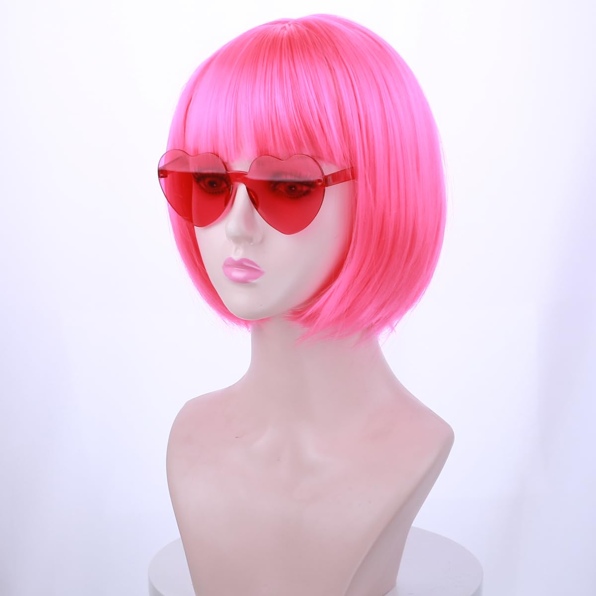 MAGQOO Peluca rosa intenso y gafas de sol para fiesta, pelucas de color rosa intenso para mujer, peluca corta y recta rosa intenso con flequillo,